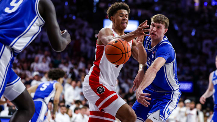 Duke Blue Devils forward Cooper Flagg hits the ball out of the hands of Arizona Wildcats forward Carter Bryant (9) during their matchup in November. Duke Blue Devils forward Cooper Flagg hits the ball out of the hands of Arizona Wildcats forward Carter Bryant (9) during their matchup in November.