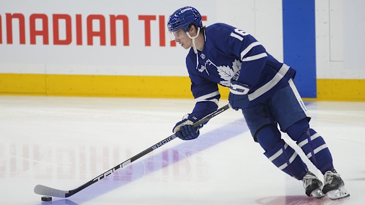 Toronto Maple Leafs forward Mitch Marner skates with the puck before Game 1 against the Florida Panthers