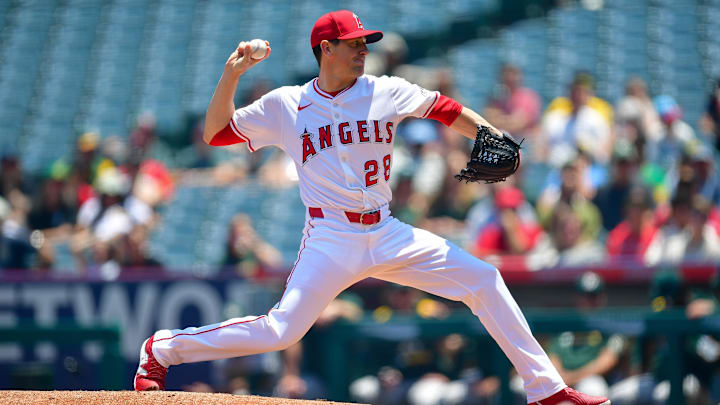 Jun 11, 2025; Anaheim, California, USA; Los Angeles Angels pitcher Kyle Hendricks (28) throws against the Athletics during the first inning at Angel Stadium. Mandatory Credit: Gary A. Vasquez-Imagn Images