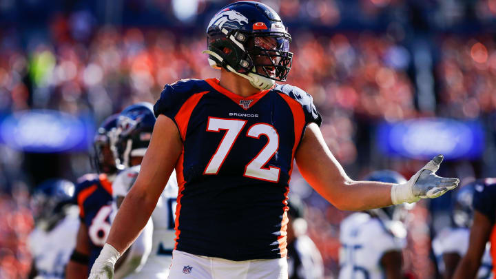 Oct 13, 2019; Denver, CO, USA; Denver Broncos offensive tackle Garett Bolles (72) reacts after receiving a penalty in the second quarter against the Tennessee Titans at Empower Field at Mile High. 