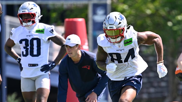 Jul 23, 2025; Foxborough, MA, USA; New England Patriots wide receiver Kendrick Bourne (84) does a drill during training camp at Gillette Stadium.