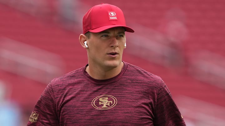 Sep 28, 2025; Santa Clara, California, USA; San Francisco 49ers quarterback Mac Jones (10) before the game against the Jacksonville Jaguars at Levi's Stadium.