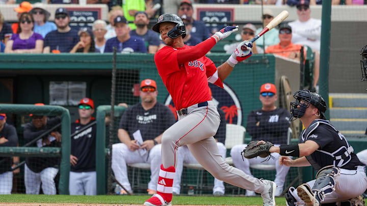 Feb 27, 2025; Lakeland, Florida, USA; Boston Red Sox second baseman Kristian Campbell (28) bats during the first inning against the Detroit Tigers at Publix Field at Joker Marchant Stadium. Mandatory Credit: Mike Watters-Imagn Images