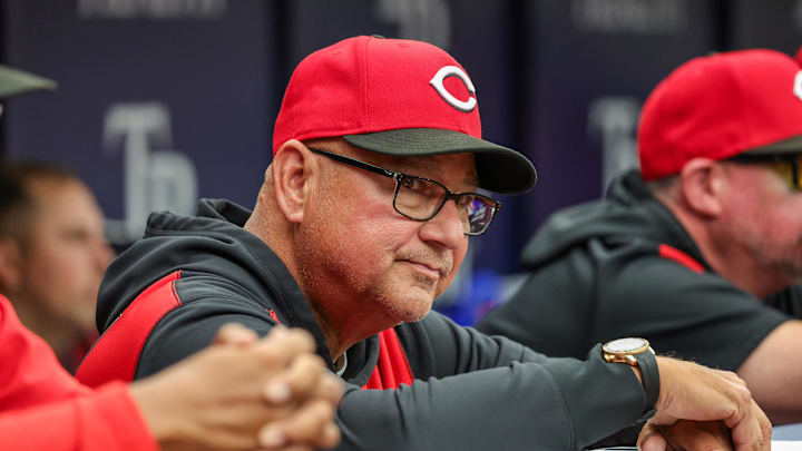 Apr 22, 2026; St. Petersburg, Florida, USA; Cincinnati Reds manager Terry Francona (77) during the eighth inning against the Tampa Bay Rays at Tropicana Field. Mandatory Credit: Mike Watters-Imagn Images