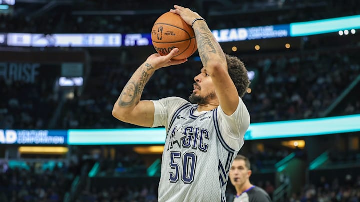 Orlando Magic guard Cole Anthony (50) shoots during the second half against the Detroit Pistons at Kia Center.
