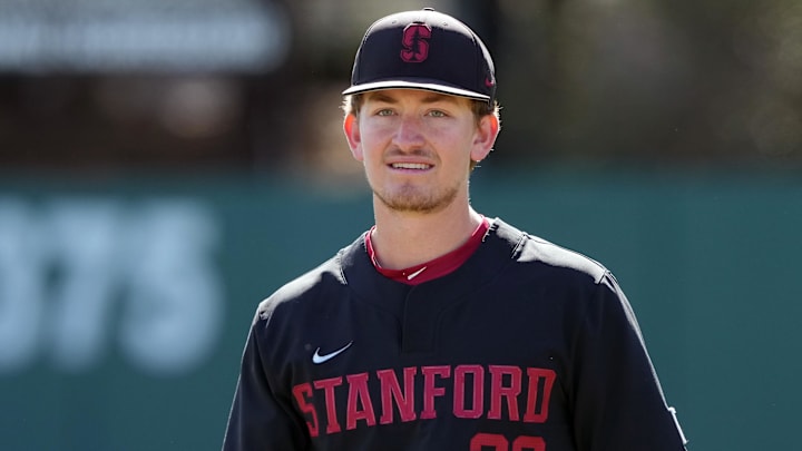 Mar 1, 2025; Stanford, CA, USA; Stanford Cardinal first baseman Jake Sapien (39) before the game against the Xavier Musketeers at Sunken Diamond. Mandatory Credit: Darren Yamashita-Imagn Images