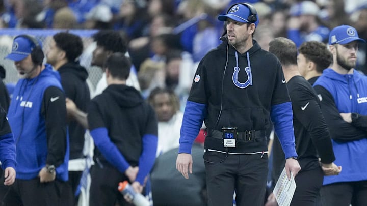 Jan 5, 2025; Indianapolis, Indiana, USA; Indianapolis Colts Head Coach Shane Steichen looks out on the field during a game against the Jacksonville Jaguar at Lucas Oil Stadium. Mandatory Credit: Grace Hollars-USA TODAY Network via Imagn Images