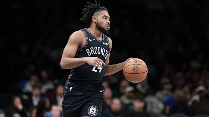 Jan 16, 2026; Brooklyn, New York, USA; Brooklyn Nets guard Cam Thomas (24) dribbles up court against the Chicago Bulls during the first quarter at Barclays Center. Mandatory Credit: Vincent Carchietta-Imagn Images