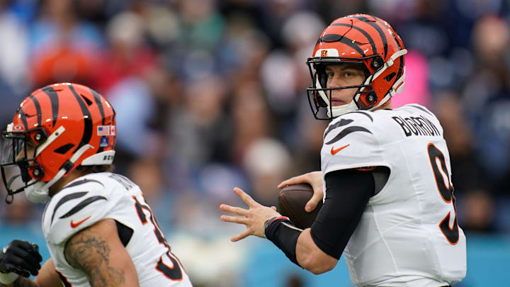 Cincinnati Bengals quarterback Joe Burrow (9) sets up to throw a pass during the first quarter at Nissan Stadium in Nashville, Tenn., Sunday, Dec. 15, 2024.