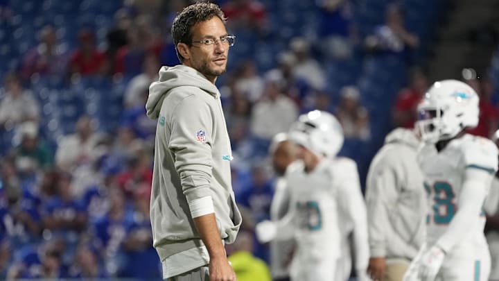 Miami Dolphins head coach Mike McDaniel looks on before the game against the Buffalo Bills at Highmark Stadium in Week 3.