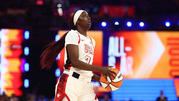 Jul 20, 2024; Phoenix, AZ, USA; USA Women's National Team guard Kahleah Copper (7) during the WNBA All Star game at Footprint Center. Mandatory Credit: Mark J. Rebilas-Imagn Images