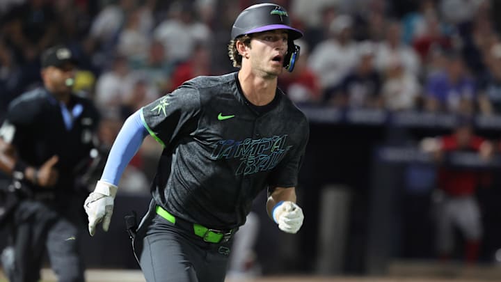 Sep 19, 2025; Tampa, Florida, USA;  Tampa Bay Rays shortstop Carson Williams (7) hits a home run against the Boston Red Sox during the second inning at George M. Steinbrenner Field.