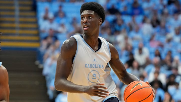 Oct 12, 2024; Chapel Hill, NC, USA; North Carolina Tar Heels guard Drake Powell (9) with the ball in the second half at the Dean E. Smith Center Oct 12, 2024; Chapel Hill, NC, USA; North Carolina Tar Heels guard Drake Powell (9) with the ball in the second half at the Dean E. Smith Center