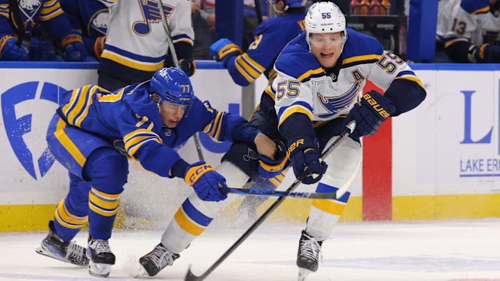 Nov 14, 2024; Buffalo, New York, USA;  St. Louis Blues defenseman Colton Parayko (55) makes a pass as Buffalo Sabres right wing JJ Peterka (77) defends during the third period at KeyBank Center. Mandatory Credit: Timothy T. Ludwig-Imagn Images