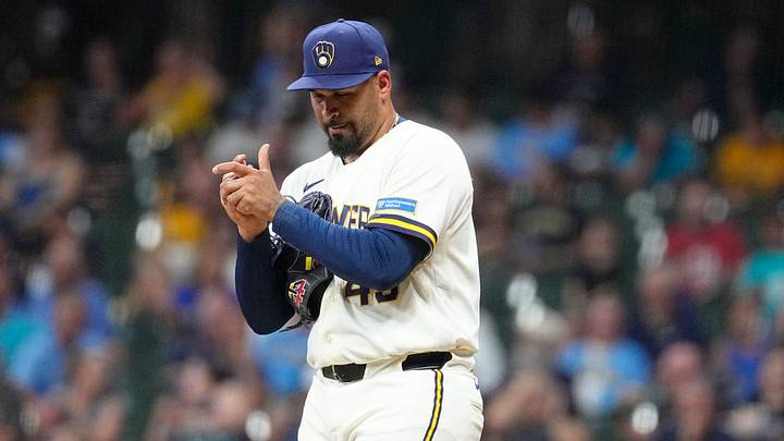 Aug 4, 2026; Milwaukee, Wisconsin, USA; Milwaukee Brewers relief pitcher Antonio Senzatela (49) works the ball before delivering a pitch against the Pittsburgh Pirates in the seventh inning at American Family Field. Mandatory Credit: Michael McLoone-Imagn Images Aug 4, 2026; Milwaukee, Wisconsin, USA; Milwaukee Brewers relief pitcher Antonio Senzatela (49) works the ball before delivering a pitch against the Pittsburgh Pirates in the seventh inning at American Family Field. Mandatory Credit: Michael McLoone-Imagn Images