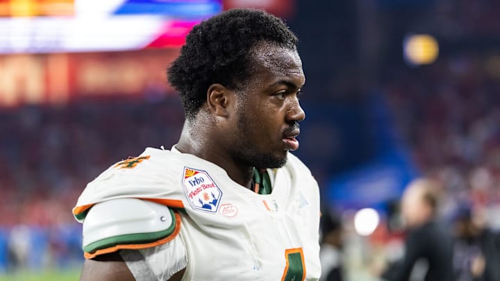 Jan 8, 2026; Glendale, AZ, USA; Miami Hurricanes defensive lineman Rueben Bain Jr. (4) against the Mississippi Rebels during the 2026 Fiesta Bowl and semifinal game of the College Football Playoff at State Farm Stadium. Jan 8, 2026; Glendale, AZ, USA; Miami Hurricanes defensive lineman Rueben Bain Jr. (4) against the Mississippi Rebels during the 2026 Fiesta Bowl and semifinal game of the College Football Playoff at State Farm Stadium.