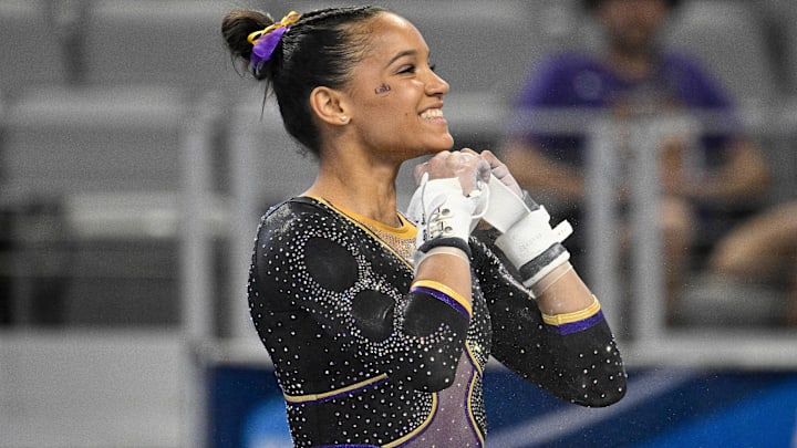 LSU Tigers gymnast Haleigh Bryant performs on uneven bars during the 2024 NCAA Women's National Gymnastics Semifinals at Dickies Arena. LSU Tigers gymnast Haleigh Bryant performs on uneven bars during the 2024 NCAA Women's National Gymnastics Semifinals at Dickies Arena.