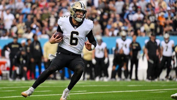 Dec 28, 2025; Nashville, Tennessee, USA; New Orleans Saints quarterback Tyler Shough (6) runs with the ball against the Tennessee Titans during the second half at Nissan Stadium. Mandatory Credit: Steve Roberts-Imagn Images Dec 28, 2025; Nashville, Tennessee, USA; New Orleans Saints quarterback Tyler Shough (6) runs with the ball against the Tennessee Titans during the second half at Nissan Stadium. Mandatory Credit: Steve Roberts-Imagn Images