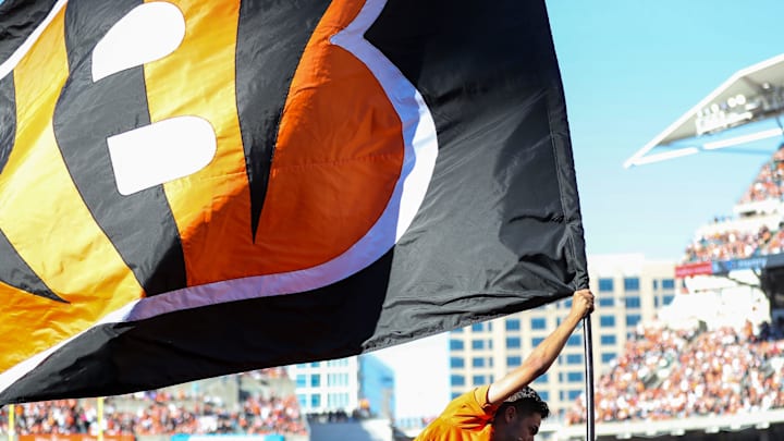Nov 6, 2022; Cincinnati, Ohio, USA; A member of the Cincinnati Bengals stripe squad runs with a flag after a touchdown scored against the Carolina Panthers in the first half at Paycor Stadium. Mandatory Credit: Katie Stratman-Imagn Images Nov 6, 2022; Cincinnati, Ohio, USA; A member of the Cincinnati Bengals stripe squad runs with a flag after a touchdown scored against the Carolina Panthers in the first half at Paycor Stadium. Mandatory Credit: Katie Stratman-Imagn Images