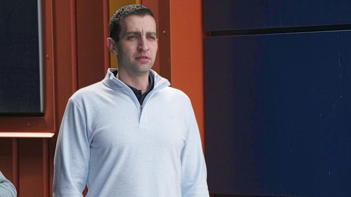 Feb 11, 2026; Port St. Lucie, FL, USA; David Stearns, Mets President of Baseball Operations, watches pitchers warm-up during spring training. Mandatory Credit: Jim Rassol-Imagn Images