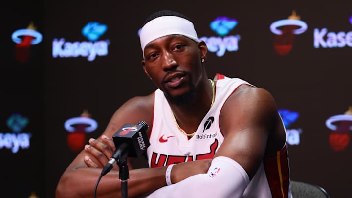 Sep 30, 2024; Miami, FL, USA; Miami Heat center Bam Adebayo (13) talks to reporters during media day at Kaseya Center Mandatory Credit: Sam Navarro-Imagn Images