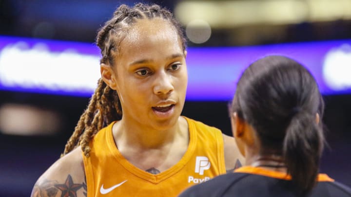 Phoenix Mercury center Brittney Griner talks with a referee after a no-call against the Las Vegas Aces on Sept. 8, 2019, in Phoenix.

Phoenix Mercury, Brittney Griner