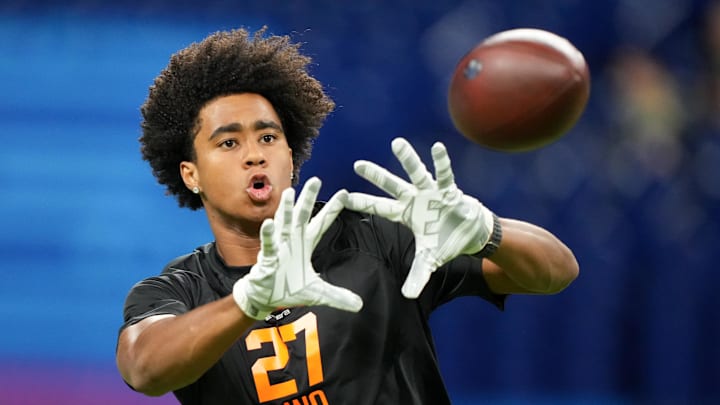 Southern California wideout Ja'Kobi Lane (WO27) during the NFL Scouting Combine at Lucas Oil Stadium. 