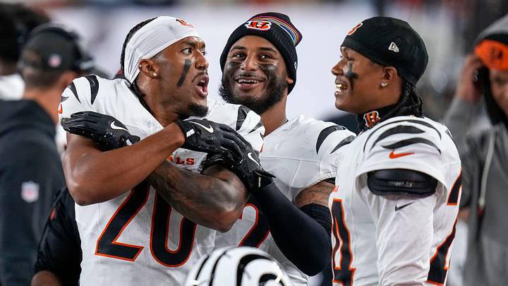 Cincinnati Bengals cornerback DJ Turner II (20) celebrates an interception on the sideline in the second quarter of the NFL Week 7 game between the Cincinnati Bengals and the Pittsburgh Steelers at Paycor Stadium in downtown Cincinnati on Thursday, Oct. 16, 2025. Cincinnati Bengals cornerback DJ Turner II (20) celebrates an interception on the sideline in the second quarter of the NFL Week 7 game between the Cincinnati Bengals and the Pittsburgh Steelers at Paycor Stadium in downtown Cincinnati on Thursday, Oct. 16, 2025.