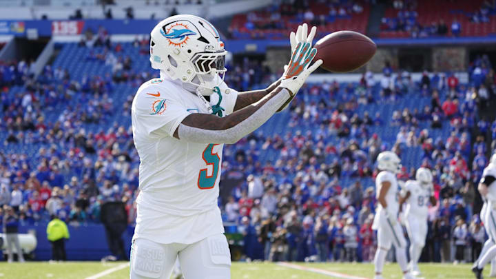 Nov 3, 2024; Orchard Park, New York, USA; Miami Dolphins cornerback Jalen Ramsey (5) warms up prior to the game against the Buffalo Bills at Highmark Stadium. Mandatory Credit: Gregory Fisher-Imagn Images