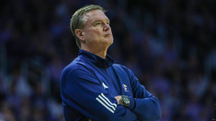 Feb 8, 2025; Manhattan, Kansas, USA; Kansas Jayhawks head coach Bill Self watches his team during the second half against the Kansas State Wildcats at Bramlage Coliseum. Mandatory Credit: Scott Sewell-Imagn Images Feb 8, 2025; Manhattan, Kansas, USA; Kansas Jayhawks head coach Bill Self watches his team during the second half against the Kansas State Wildcats at Bramlage Coliseum. Mandatory Credit: Scott Sewell-Imagn Images