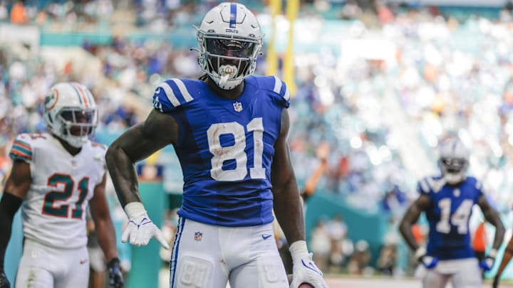 Oct 3, 2021; Miami Gardens, Florida, USA; Miami Dolphins tight end Durham Smythe (81) celebrates after scoring a touchdown during the fourth quarter of the game against the Miami Dolphins at Hard Rock Stadium. Mandatory Credit: Sam Navarro-Imagn Images
