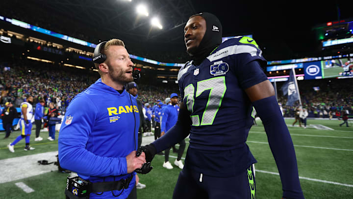 Jan 25, 2026; Seattle, WA, USA; Los Angeles Rams head coach Sean McVay greets Seattle Seahawks cornerback Riq Woolen (27) after the 2026 NFC Championship Game at Lumen Field. Mandatory Credit: Kevin Ng-Imagn Images