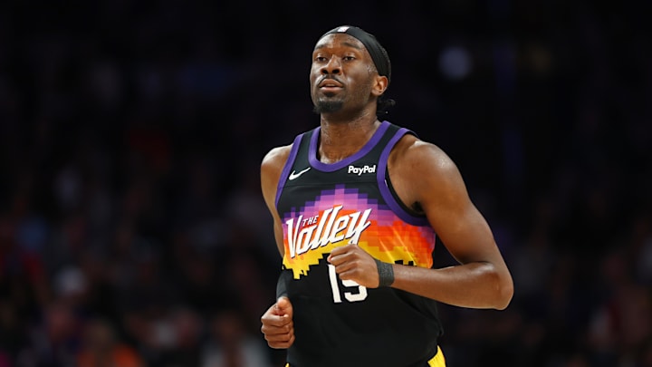 Feb 22, 2026; Phoenix, Arizona, USA; Phoenix Suns center Mark Williams (15) against the Portland Trail Blazers at Mortgage Matchup Center. Mandatory Credit: Mark J. Rebilas-Imagn Images