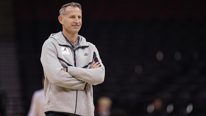 Mar 26, 2025; Newark, NJ, USA; Alabama Crimson Tide head coach Nate Oats during a practice session in preparation for an East Regional semifinal game against the Brigham Young Cougars at Prudential Center. Mandatory Credit: Vincent Carchietta-Imagn Images