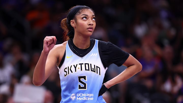 Aug 28, 2025; Phoenix, Arizona, USA; Chicago Sky forward Angel Reese (5) reacts against the Phoenix Mercury at Phx Arena. Mandatory Credit: Mark J. Rebilas-Imagn Images Aug 28, 2025; Phoenix, Arizona, USA; Chicago Sky forward Angel Reese (5) reacts against the Phoenix Mercury at Phx Arena. Mandatory Credit: Mark J. Rebilas-Imagn Images