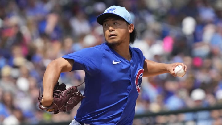 Mar 26, 2024; Mesa, Arizona, USA; Chicago Cubs starting pitcher Shota Imanaga (18) throws against Mar 26, 2024; Mesa, Arizona, USA; Chicago Cubs starting pitcher Shota Imanaga (18) throws against