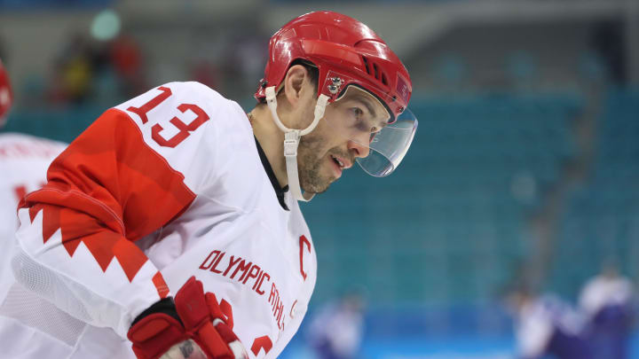 Feb 14, 2018; Gangneung, South Korea; Olympic Athlete from Russia forward Pavel Datsyuk (13) prepares to play in a hockey game between Slovakia and Russia during the Pyeongchang 2018 Olympic Winter Games at Gangneung Hockey Centre. Mandatory Credit: Geoff Burke-USA TODAY Sports