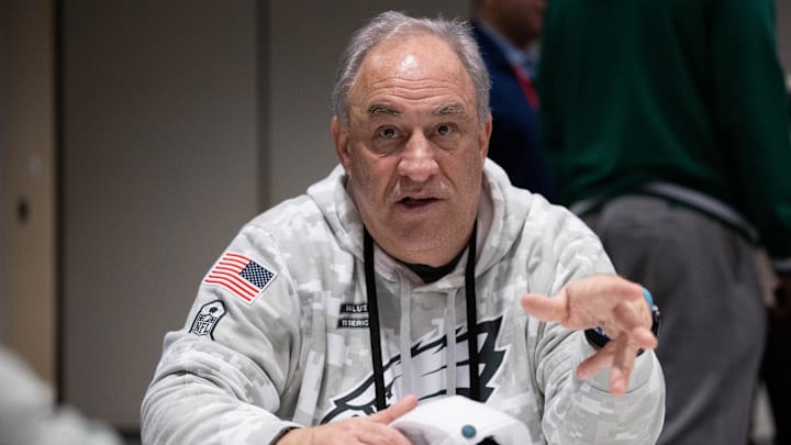 Feb 5, 2025; New Orleans, LA, USA; Philadelphia Eagles defensive coordinator Vic Fangio speaks with the media during a press conference at Hilton New Orleans Riverside.