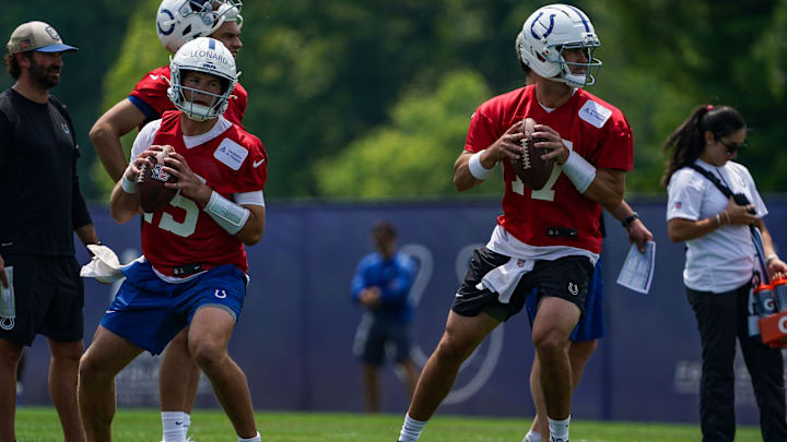 Indianapolis Colts quarterback Daniel Jones (17) searches to pass the ball with Indianapolis Colts quarterback Riley Leonard (15) on Tuesday, June 10, 2025, during NFL Colts mandatory mini camp at the Indiana Farm Bureau Football Center in Indianapolis.