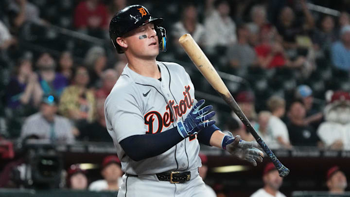 Mar 30, 2026; Phoenix, Arizona, USA; Detroit Tigers first baseman Spencer Torkelson (20) reacts after missing a pitch against the Arizona Diamondbacks in the ninth inning at Chase Field. Mandatory Credit: Rick Scuteri-Imagn Images