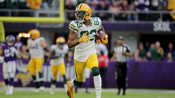 Green Bay Packers wide receiver Marquez Valdes-Scantling (83) scores a touchdown on a 75-yard touchdown during the fourth quarter of their game Sunday, November 21, 2021 at U.S. Bank Stadium in Minneapolis, Minn.