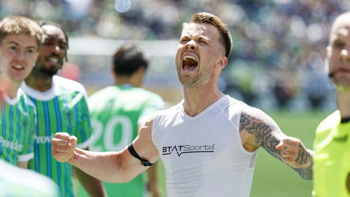 May 24, 2025; Seattle, Washington, USA; Seattle Sounders FC midfielder Albert Rusnak (11) celebrates after scoring a goal against FC Dallas during the second half at Lumen Field. Mandatory Credit: Joe Nicholson-Imagn Images