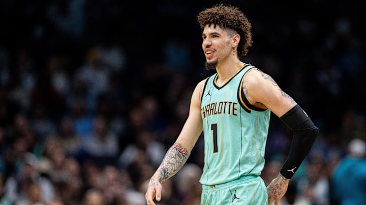 Jan 25, 2025; Charlotte, North Carolina, USA; Charlotte Hornets guard LaMelo Ball (1) reacts during the fourth quarter against the New Orleans Pelicans at Spectrum Center. Mandatory Credit: Scott Kinser-Imagn Images