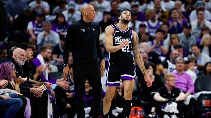 Apr 16, 2025; Sacramento, California, USA; Sacramento Kings guard Devin Carter (22) reacts after a play during the second quarter against the Dallas Mavericks at Golden 1 Center. Mandatory Credit: Sergio Estrada-Imagn Images