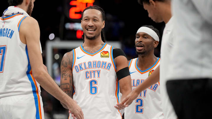 Nov 7, 2025; Sacramento, California, USA; Oklahoma City Thunder forward Jaylin Williams (6) reacts during a timeout against the Sacramento Kings in the third quarter at the Golden 1 Center. Mandatory Credit: Cary Edmondson-Imagn Images