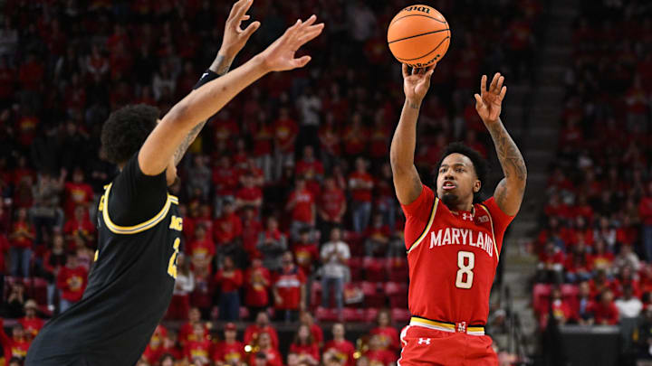 Dec 13, 2025; College Park, Maryland, USA; Maryland Terrapins guard David Coit (8) attempts a shot in the second half against the Michigan Wolverines at Xfinity Center. Mandatory Credit: Jamie Sabau-Imagn Images Dec 13, 2025; College Park, Maryland, USA; Maryland Terrapins guard David Coit (8) attempts a shot in the second half against the Michigan Wolverines at Xfinity Center. Mandatory Credit: Jamie Sabau-Imagn Images