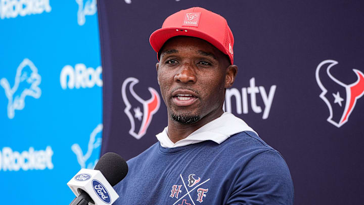 Houston Texans head coach DeMeco Ryans talks to media members after practice at training camp at Meijer Performance Center in Allen Park on Thursday, August 21, 2025.
