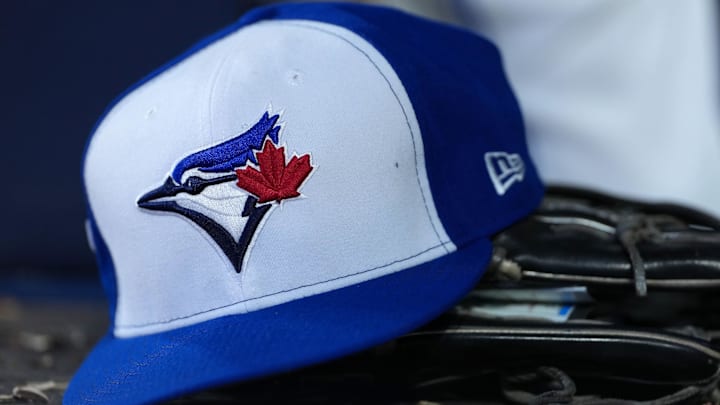 Nov 1, 2025; Toronto, Ontario, CAN; A detailed view of a Toronto Blue Jays hat in the sixth inning for game seven of the 2025 MLB World Series at Rogers Centre. Mandatory Credit: Nick Turchiaro-Imagn Images