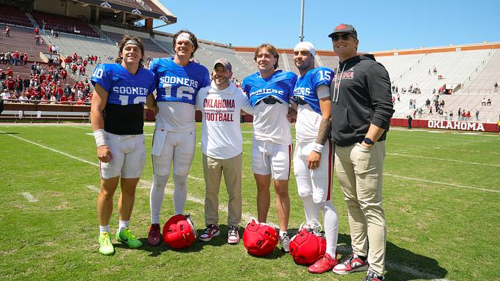 Apr 18, 2026; Norman, OK, USA; Oklahoma Sooners quarterback John Mateer (10) takes a photo with the quarterback group during the Oklahoma Spring Game at Gaylord Family Memorial Stadium. Mandatory Credit: Kevin Jairaj-Imagn Images Apr 18, 2026; Norman, OK, USA; Oklahoma Sooners quarterback John Mateer (10) takes a photo with the quarterback group during the Oklahoma Spring Game at Gaylord Family Memorial Stadium. Mandatory Credit: Kevin Jairaj-Imagn Images