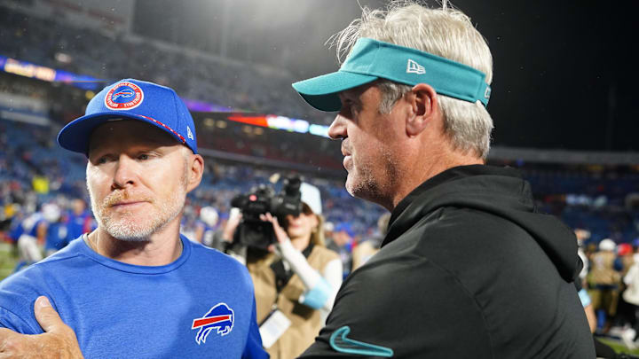Sep 23, 2024; Orchard Park, New York, USA; Buffalo Bills head coach Sean McDermott is congratulated by Jacksonville Jaguars head coach Doug Pederson after a game at Highmark Stadium. Mandatory Credit: Gregory Fisher-Imagn Images